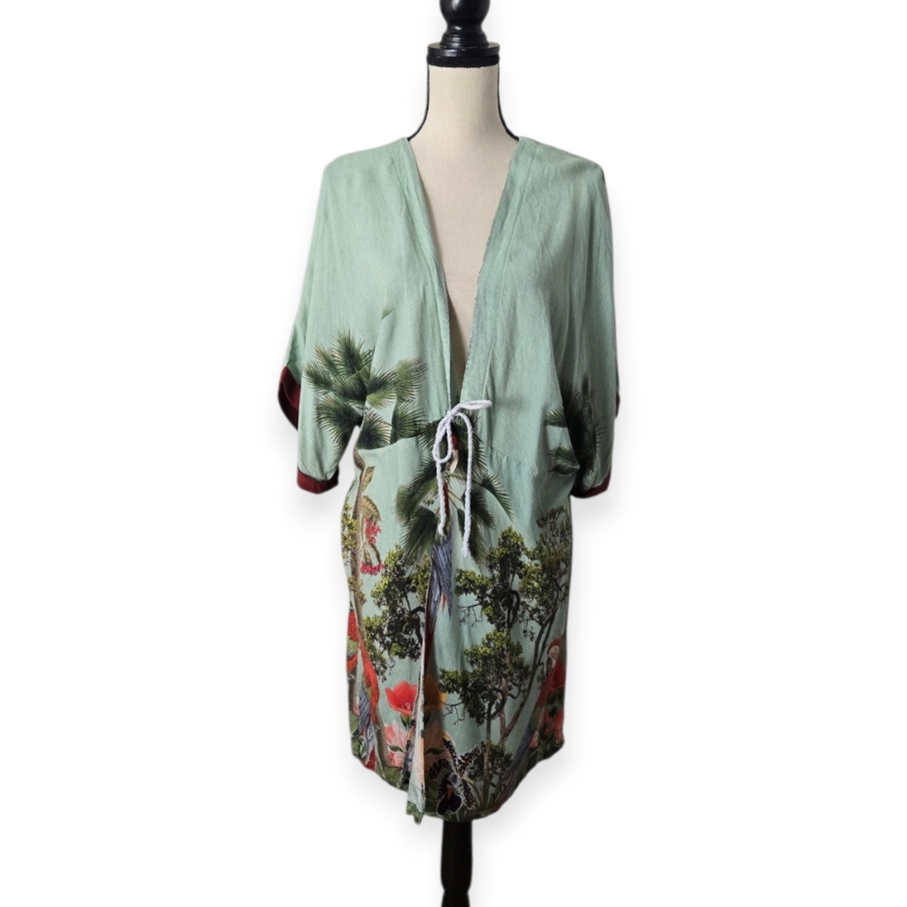 Vintage MOB Green Tropical Print Tie Front Kimono Robe M